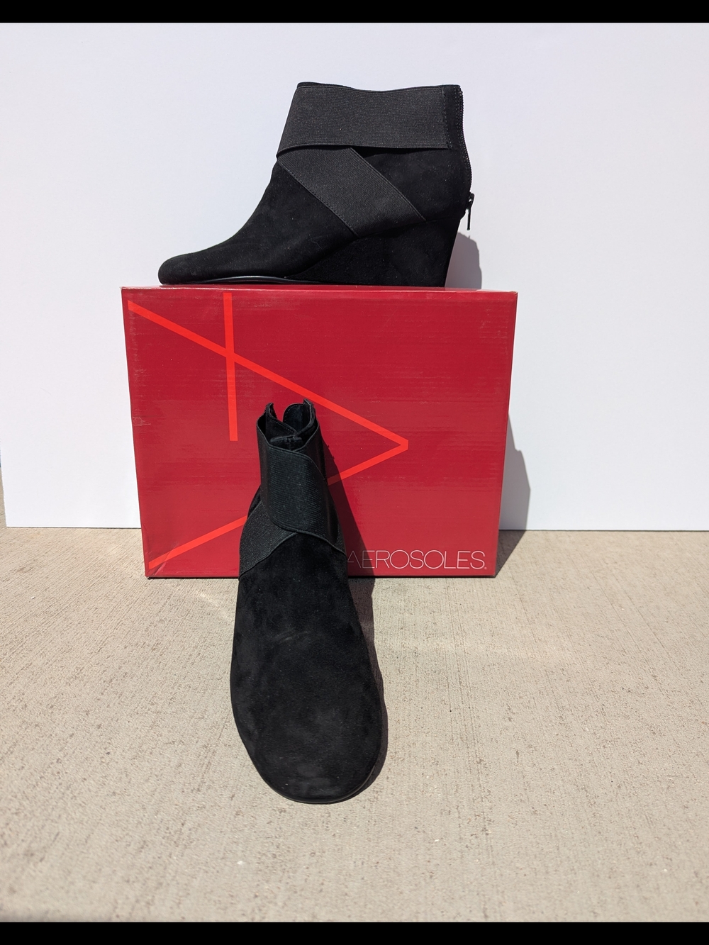 AEROSOLES "Sundae"  Black Suede Wedge Ankle Booties with Wrap Detail